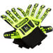 A pair of lime green Cordova OGRE gloves with canvas palms and TPR reinforcements.