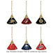 A group of Holland Bar Stool NHL logo pendant lights with a brass finish hanging from a chain.