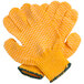 A pair of yellow Cordova warehouse gloves with green trim and criss-cross PVC coating.