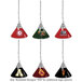 A group of Holland Bar Stool NCAA pendant lights with black and gold lamp shades featuring college football team logos.