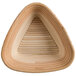A wooden triangle shaped bowl with a triangle pattern inside.