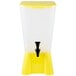A yellow plastic beverage dispenser with a black handle.