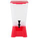 A red plastic beverage dispenser with a clear base and black lid.
