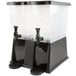 A black plastic Choice Double Beverage Dispenser with black stand.