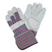 Cordova warehouse gloves with red and blue striped canvas and leather palms with rubber cuffs.