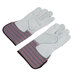 A pair of Cordova striped canvas work gloves with leather palm coating and rubber cuffs, one with red and one with blue stripes.