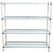 A white MetroMax Q shelving unit with metal shelves and blue handles.
