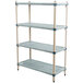 A grey MetroMax Q shelving unit with blue handles and four shelves.