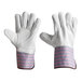 A pair of Cordova warehouse gloves with white leather and rubber cuffs.