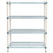 A white MetroMax Q shelving unit with blue and white metal shelves.