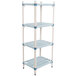 A white and blue MetroMax Q shelving unit with four shelves and blue handles.