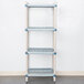 A MetroMax Q shelving unit with white shelves and blue poles on wheels.