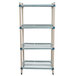 A white MetroMax Q shelving unit with four metal shelves and a white metal fence.