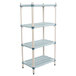 A white MetroMax Q shelving unit with blue shelves and handles.