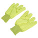 A pair of yellow Cordova work gloves with green stitching.