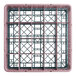 A full-size gray glass rack with 20 compartments and two brown extenders for warewashing.