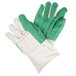 A pair of green cotton work gloves with double palm and gauntlet wrist cuffs.