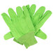 A pair of lime green Cordova work gloves with orange stitching.