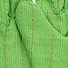 A close up of a pair of green Cordova Hi-Vis lime work gloves with red stitching.