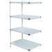 A white MetroMax Q shelving add on unit with three shelves and blue handles.