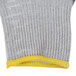 A gray and yellow knit glove with a yellow trim.