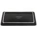 An Acopa rectangular black stoneware plate on a counter.