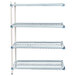 A white MetroMax Q shelf with black shelves and blue handles.