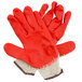 A pair of red polyester and cotton work gloves with white accents.