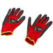 A pair of red nylon gloves with dark gray latex palm coating.