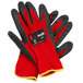 A pair of red and black Cordova warehouse gloves with dark gray latex palm coating.