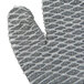 A close up of a Cordova gray and white warehouse glove with a mesh pattern and criss-cross PVC coating.