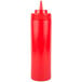 A red Choice wide mouth squeeze bottle with a lid.