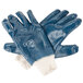 A pair of blue Cordova supported nitrile gloves with blue palms and white jersey lining.