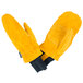 A pair of yellow Cordova leather mittens with black trim.