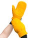 A pair of yellow Cordova freezer mittens with black leather palms.