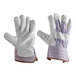 A pair of Cordova striped canvas work gloves with leather palm coating and rubber cuffs.