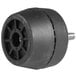 A black plastic wheel with a round center and a screw.