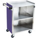 A Lakeside stainless steel utility cart with purple laminate shelves and an enclosed base.