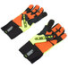A pair of hi-vis lime green Cordova heavy duty work gloves with orange synthetic leather palms and yellow accents.