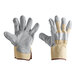 A pair of Cordova white canvas work gloves with rubber cuffs and leather palm coating.