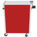 A red and silver Lakeside utility cart with wheels.