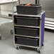 A Lakeside stainless steel utility cart with a purple finish and black bins on it.