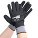 A pair of Cordova gray and black gloves with full black coating and nitrile dots on the fingers.