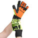 A person wearing lime green Cordova heavy duty work gloves with orange and black accents.