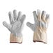 A pair of Cordova canvas work gloves with white canvas and brown leather palms and cuffs.