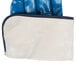 A close up of a blue Cordova Brawler Smooth Supported Nitrile glove with a white cloth inside.
