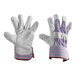 A pair of Cordova canvas work gloves with striped leather palms and rubber cuffs.
