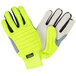 A pair of Cordova lime green and yellow warehouse gloves with black and grey accents.