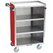 A red and stainless steel Lakeside utility cart with shelves on wheels.