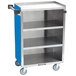 A blue and silver Lakeside utility cart with four shelves on wheels.